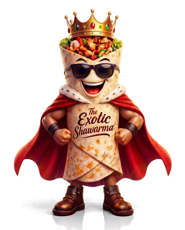 The Exotic Shawarma mascot: a crowned shawarma wrap in sunglasses and a red cape